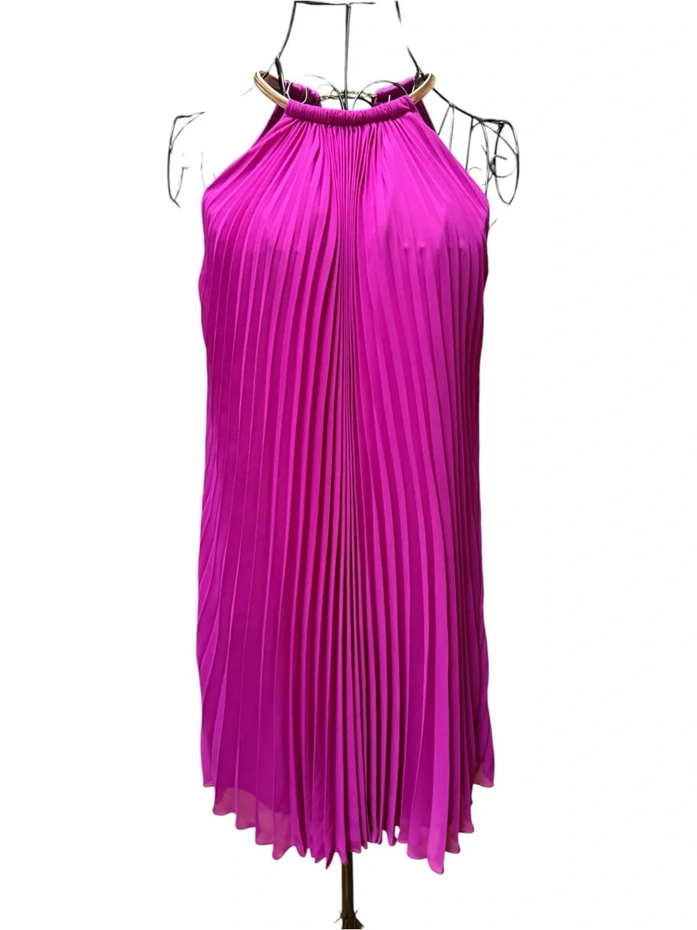 Cache Dresses | Cache Pleated Halter Swing Dress Fuchsia Gold Metal Choker Size 4 | Color: Gold/Pink | Size: 4 | Meliz333's Closet